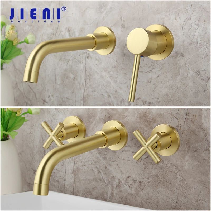 JIENI Luxury Brushed Golden Tap Wall Mounted Bathroom Basin Sink Faucet Solid Brass Hot & Cold Mixer Golden Bathtub Faucet