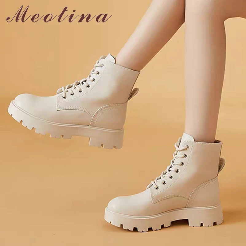 Meotina Women Genuine Leather Motorcycle Boots Platform Thick Med Heel Ankle Boots Round Toe Lace Up Ladies Boots Autumn Apricot