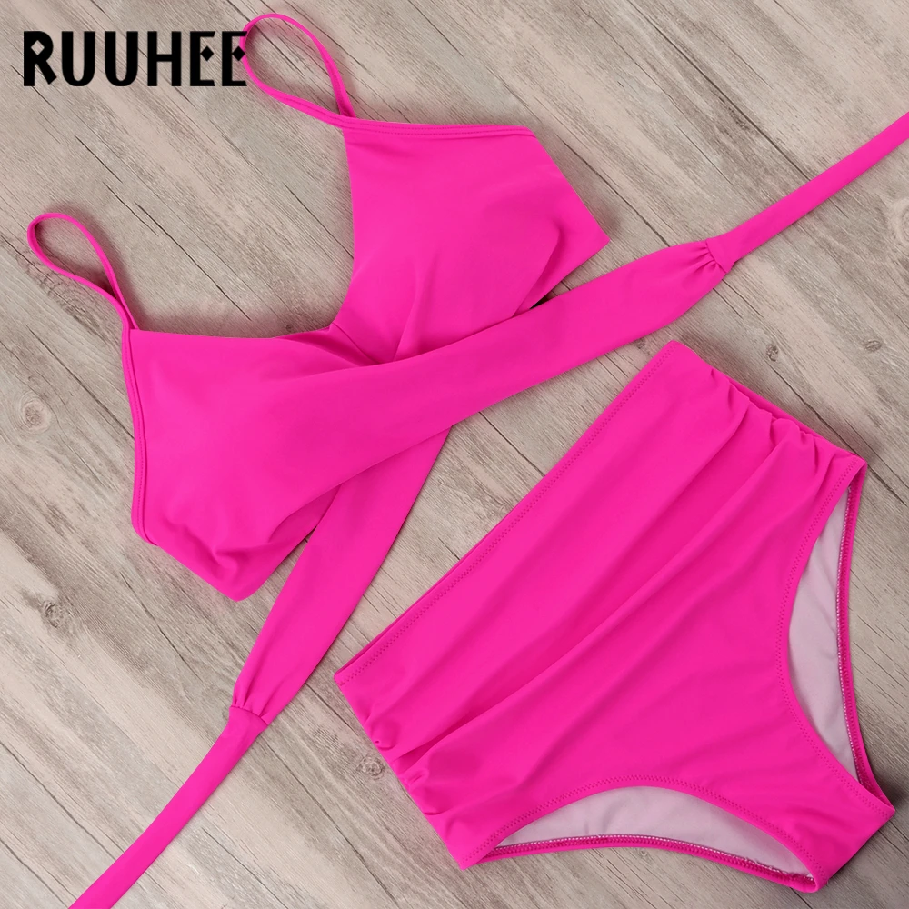 RUUHEE Swimwear Women Criss Cross Bathing Suit Sexy Beach Wear Solid Bikini Sets Printed High Waist Push Up 2021 Swimsuit Women