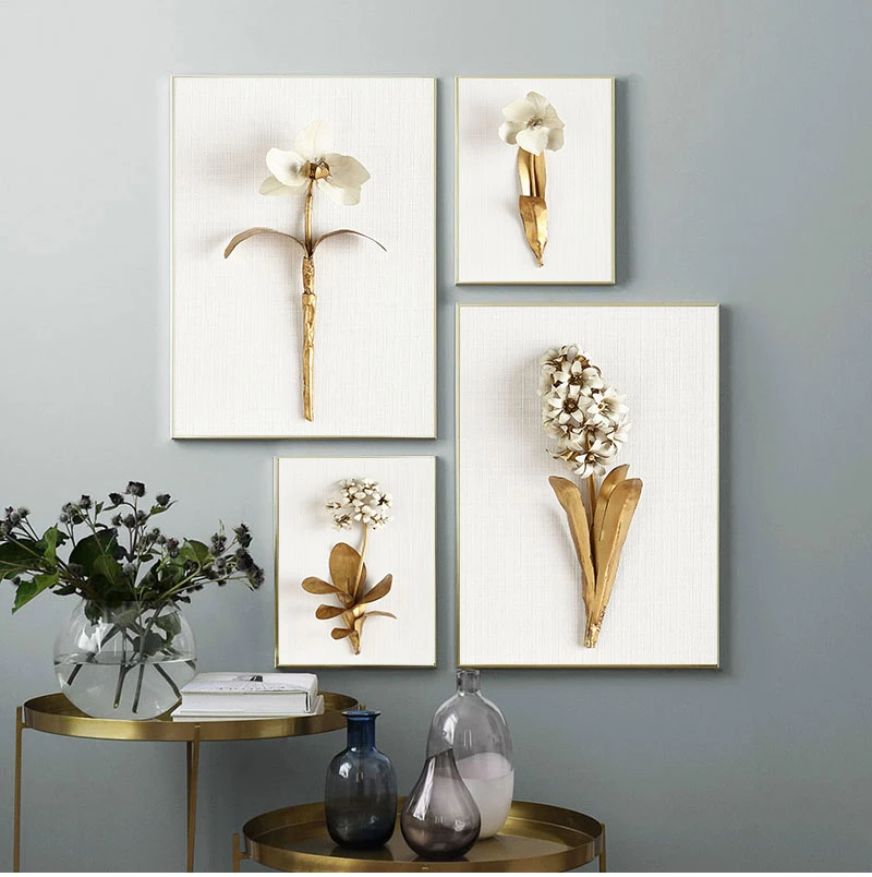 Golden plant leaves and flowers Wall art  canvas painting Wall Pictures for Living Room Nordic Decoration Pictures morden decor