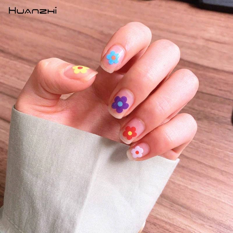 HZ Korea 2019 Summer Sweet Cute Colorful Flower Nail Sticker Waterproof Design Nail Decals For Women Girls Party Accessories