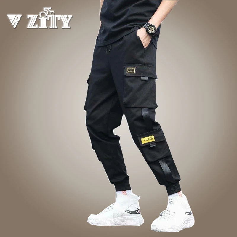 Men's Side Pockets Cargo Harem Pants 2021 Ribbons Black Hip Hop Casual Male Joggers Trousers Fashion Casual Streetwear Pants