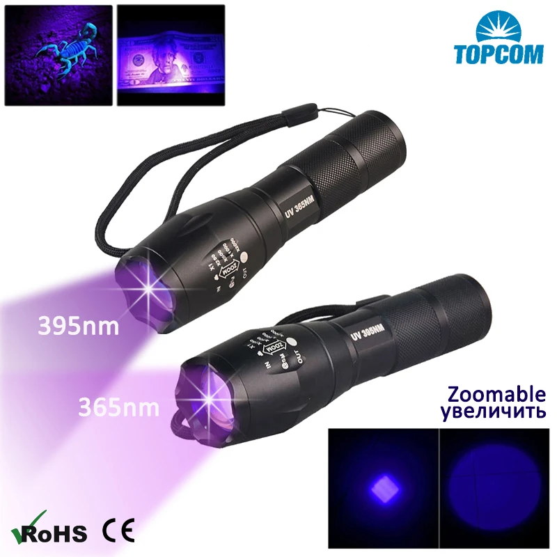 Topcom 3W Zoomable UV Light 365nm 395nm LED UV Flashlight New Military Grade Tactical Ultraviolet Flashlight Lantern 18650 Torch