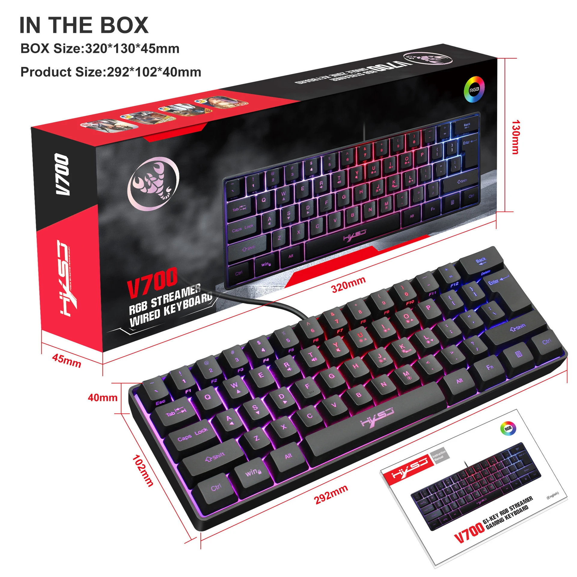 RGB Lighting Backlit 61-key Multimedia USB Wired Gaming Membrane Keyboard Suitable for Desktop Notebook Tablet Mechanical Touch