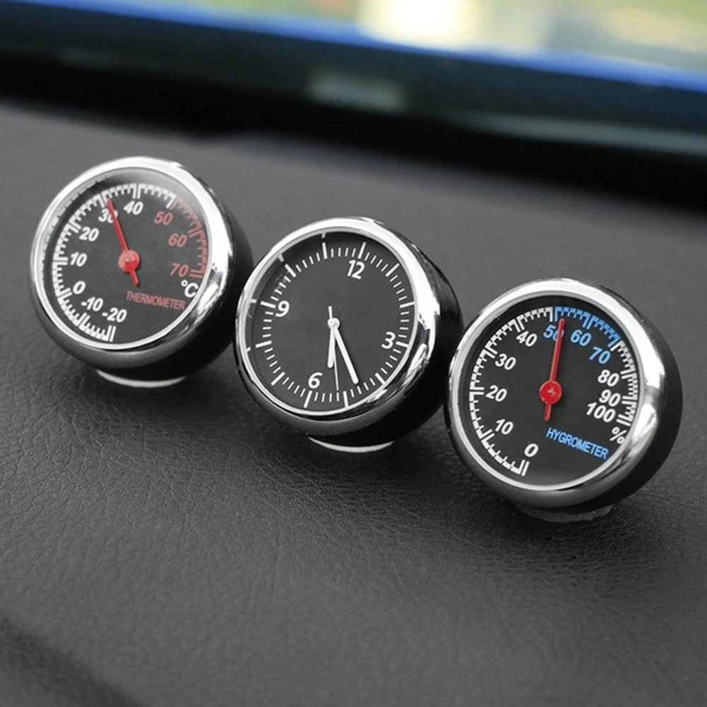 Car Interior Mini Quartz Watch Clock Hygrometer Thermometer Dashboard Ornament