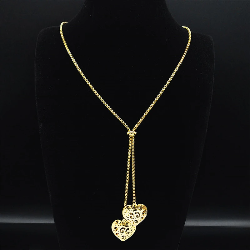 Fashion Stainless Steel Heart Necklace for Women Gold Color Long Necklace Jewelry acero inoxidable joyeria mujer N1397S03