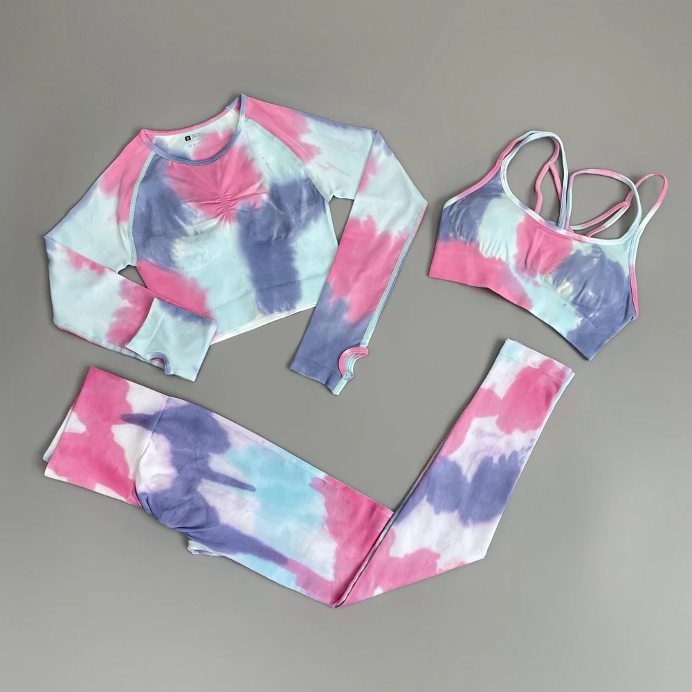 Tie Dyeing Women's Sportswear Yoga Set Workout Clothes Wear  Sports Gym Clothing Fitness Legging Bra Crop Long Sleeve Gym Set