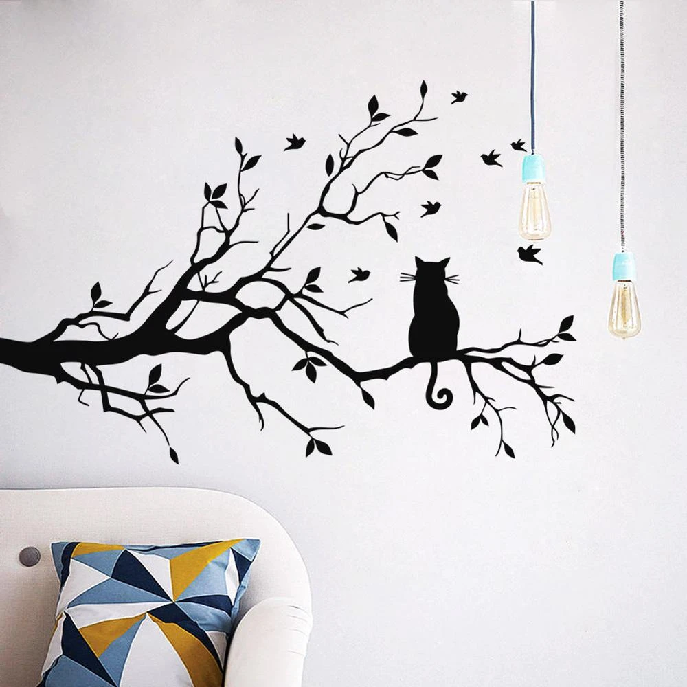 Cat on a tree branch wall sticker Living room sofa background bedroom home decoration art Decals wallpaper Hand carved stickers