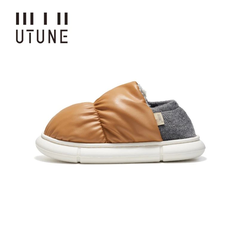 UTUNE Toast Winter Men's Home Slippers PU Waterproof Outside Shoes Women Soft Plush Indoor Light Flats New Autumn Fashion 2021