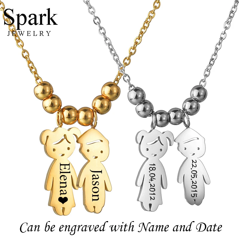 Spark Custom Name Boy Girl Pendant Necklace Stainless Steel Personalized Date Kids Figure Necklaces Family Birthday Gift Collar