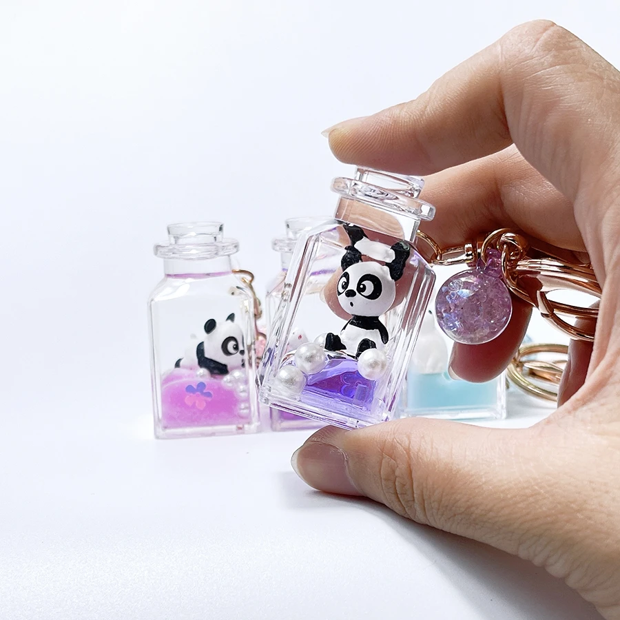 Liquid Glitter Cute Bear Panda Quicksand Keyring Acrylic Animal Key Fob Backpack Pendant Accessories Couples Women Keychain Gift