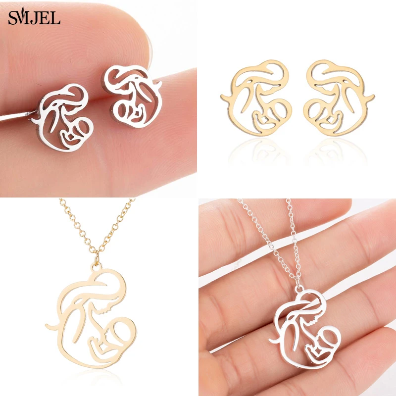 SMJEL Hollow Mum Mommy Breastfeeding Holding Baby Pendant Earrings Chain Mother's Day Family Charm Jewelry Fashion Gifts for Mom