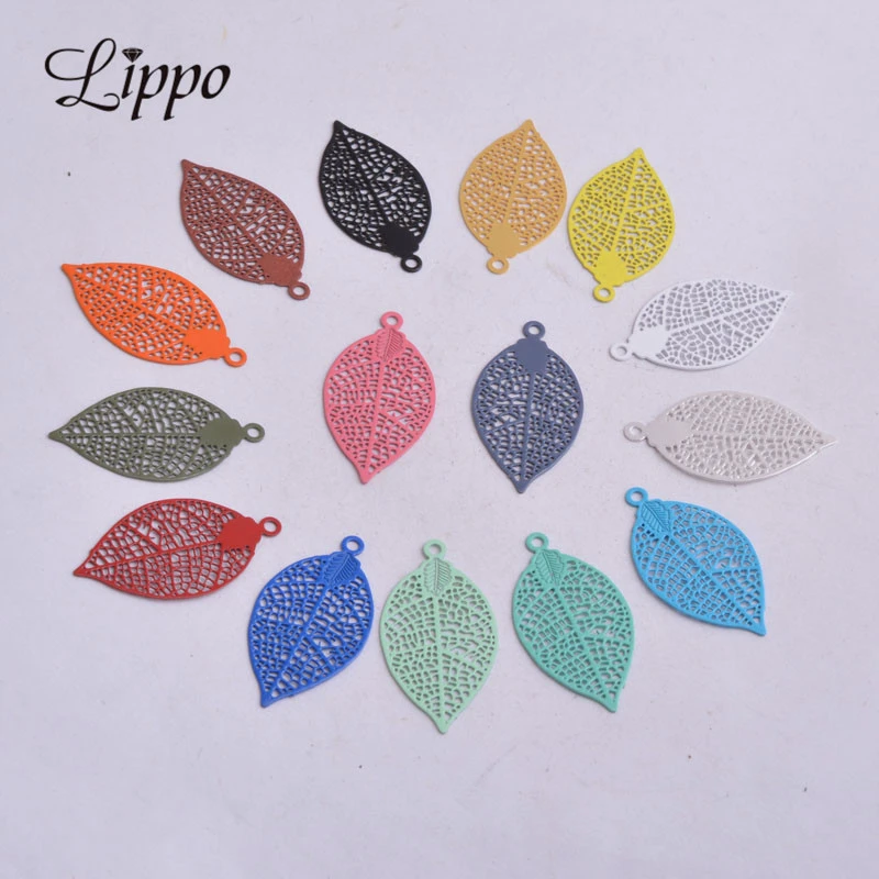 50pcs AA2592 15*28mm Painted Brass Leaves Charms Filigree Leaf  Earrings Findings Pendants DIY Jewelry Materials