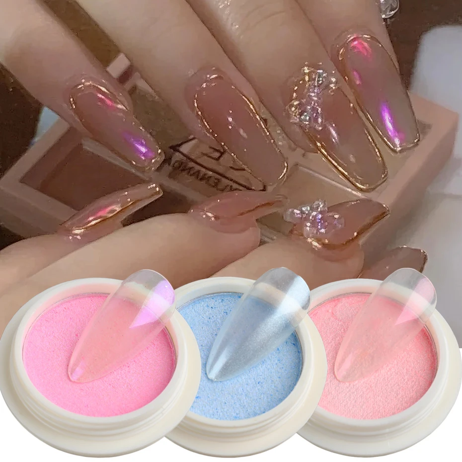 Solid Aurora Nail Powder Mermaid Chrome Mirror Pigment Nail Art Decorations Pearl Rubbing Dust Brush Set Pink Glitters TRG01-06