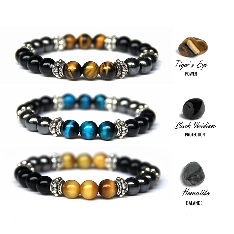 Unique Natural Tiger Eye Stone Men's Beaded Bracelet Men Stainless Steel Hematite & Black Obsidian Stone Magnet Bracelets Male