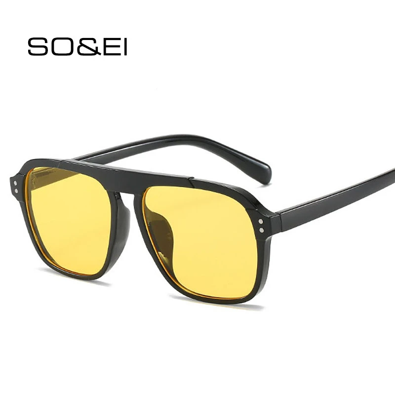 SO&EI Oversized Square Sunglasses Women Retro Nail Decoration Blue Yellow Clear Lens Men Fashion Outdoor Driving Sun Glasses