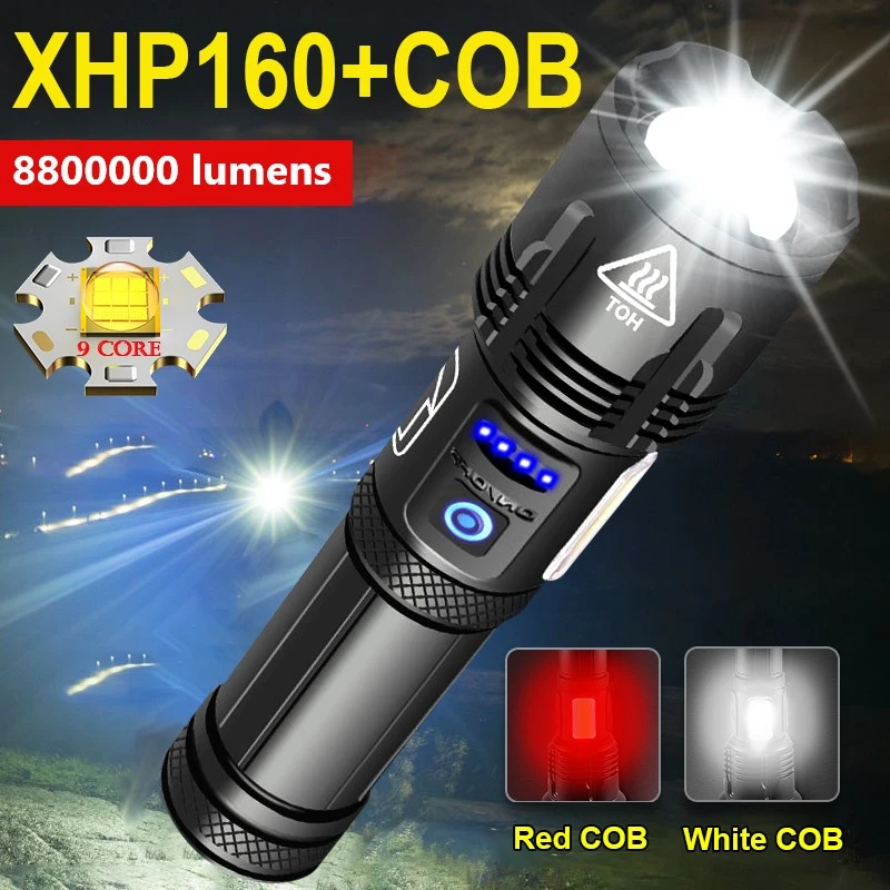 880000 LM XHP160 Super Powerful Led Flashlight 18650 26650 Torch Rechargeable USB Tactical Flashlight High Power COB Flash Light