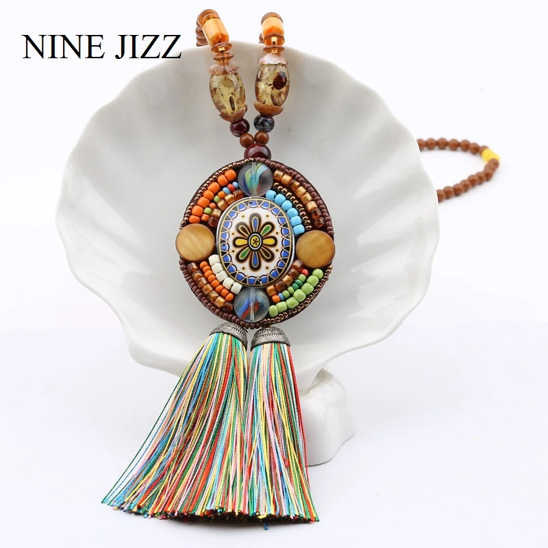 NINEJIZZ Bohemian Necklace Ethnic Vintage Long Tassel  Beads Necklace Star Heart Nature Stone Long Necklace For Women Jewelry