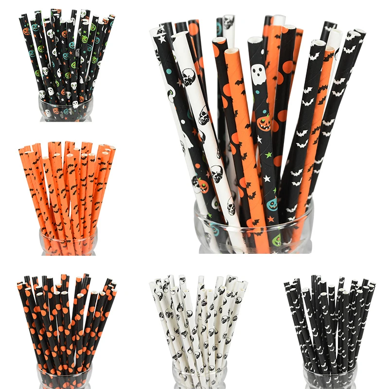25pcs Halloween Party Decor Paper Straws Skull Pumpkin Bat Ghost Disposable Drinking Straws For Festival Party Bar Supplies
