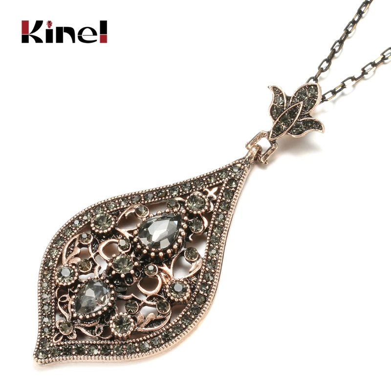 Kinel Vintage Grey Crystal Necklace For Women Turkish Antique Gold Color Pendant Necklace Ethnic Wedding Jewelry Gift