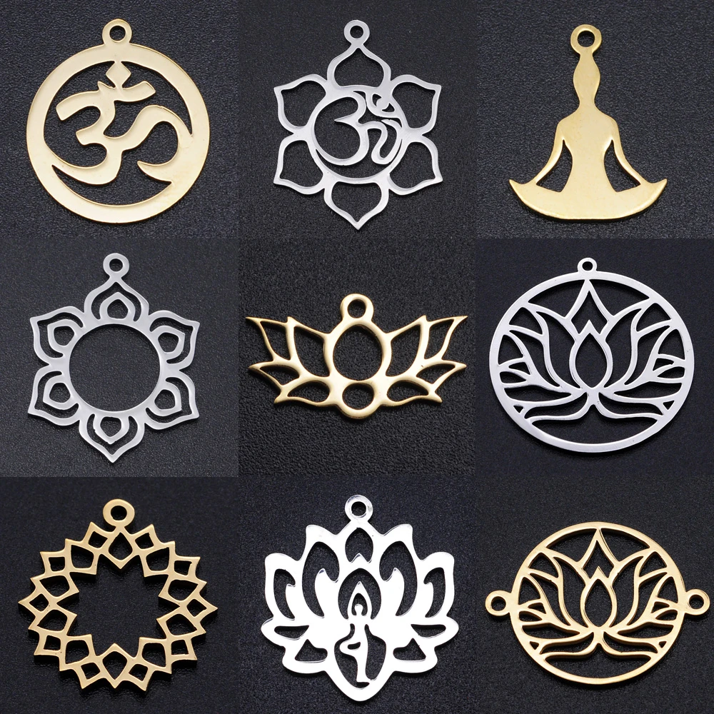 5pcs/lot Flower of Life DIY Charms Wholesale 100% Stainless Steel Yoga Lotus Connectors Charm Om Hansa Hand Jewelry Pendant