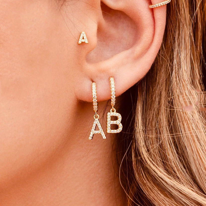 1PC 26 English Letters  Earrings for Women Zircon Ear Piercing Earring Initial Ear Buckle Hoop Earrings Jewelry Gift Bijoux Femm