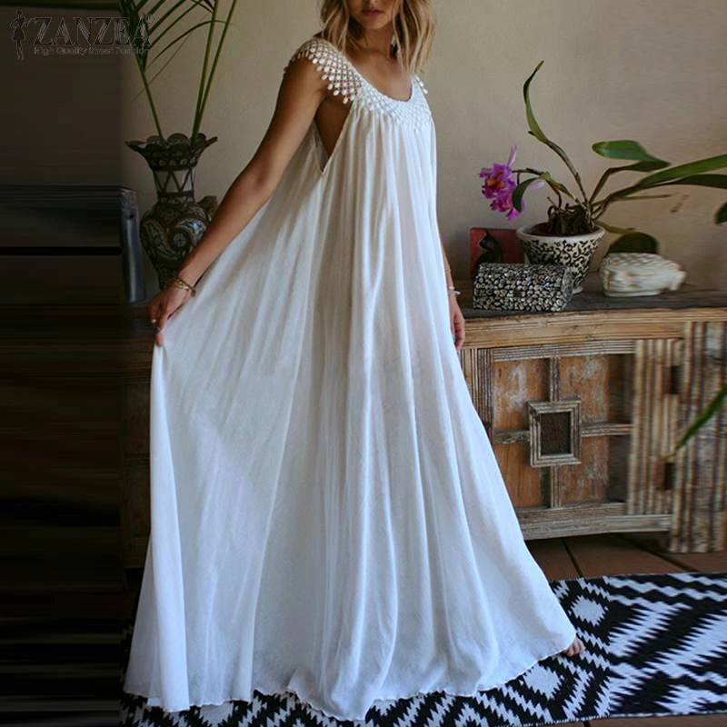 ZANZEA Summer Sexy Elegant Lace Beach Long Maxi Robe Sundress Casual Solid Sleeveless Vestidos Bohemian Women Femme