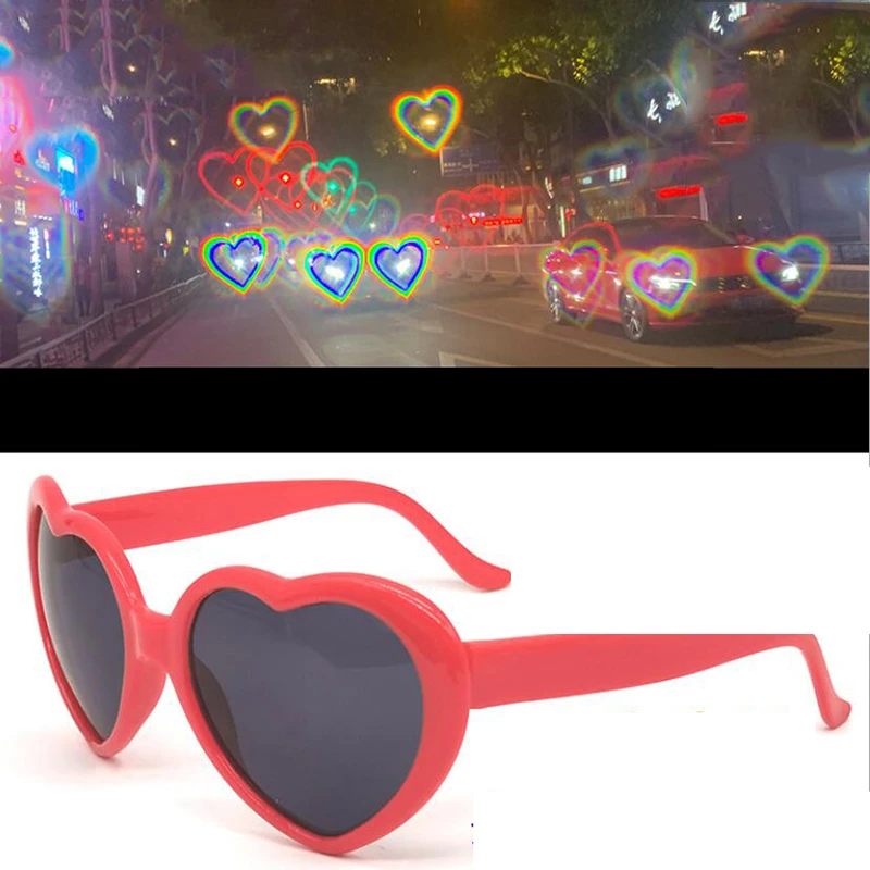 Love Heart Shape Sunglasses Women PC Frame Light Change Love Heart Lens Colorful Sun Glasses Female Red Pink Shades Magic