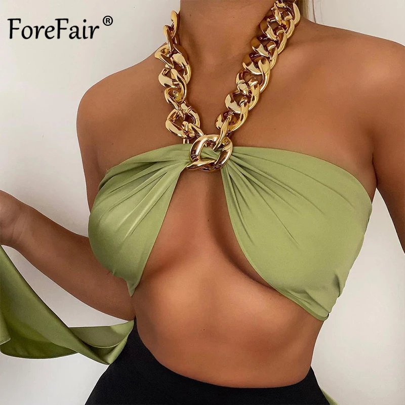 Forefair Chic Metal Chain Halter Sexy Corset Tops Women Sleeveless Backless Wrap Chest Green Crop Top Basic Summer 2021 Fashion