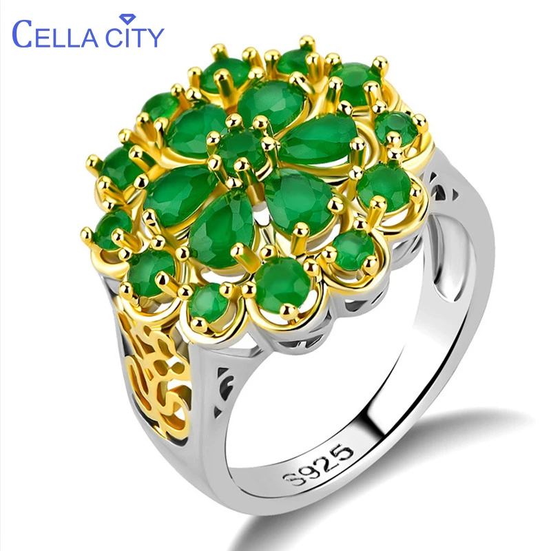 Cellacity Luxury Flower Design Hollow out Silver 925 Jewelry Gemstones Emerald Ring for Women Creative Female Anniversary Gift