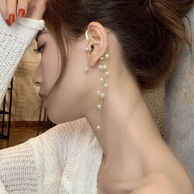 (1pcs) 2020 New Forest Series Super Fairy Niche Non-perforated Jewelry Single Ear Bone Clip Pearl Tassel Ear Clip Earrings Whole