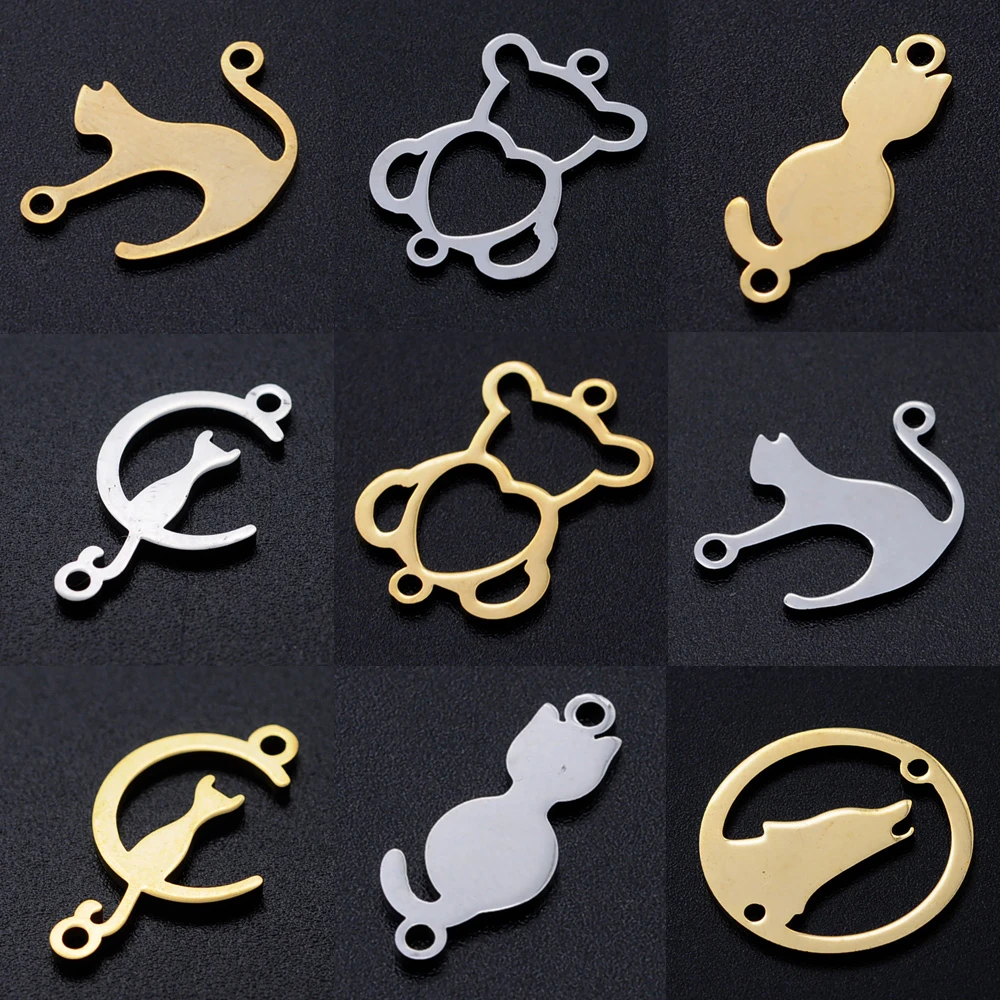 5pcs/lot Stainless Steel Heart Cat diy Jewelry Making Charm Wholesale Bear Necklace Pendant Kitty Bracelet Connector Charms