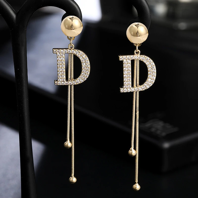 New Long Tassel Letter D Hanging Earrings For Women 2021 Fashion Gold Crystal Big Dangle Earring Summer Jewelry Girls Party Gift