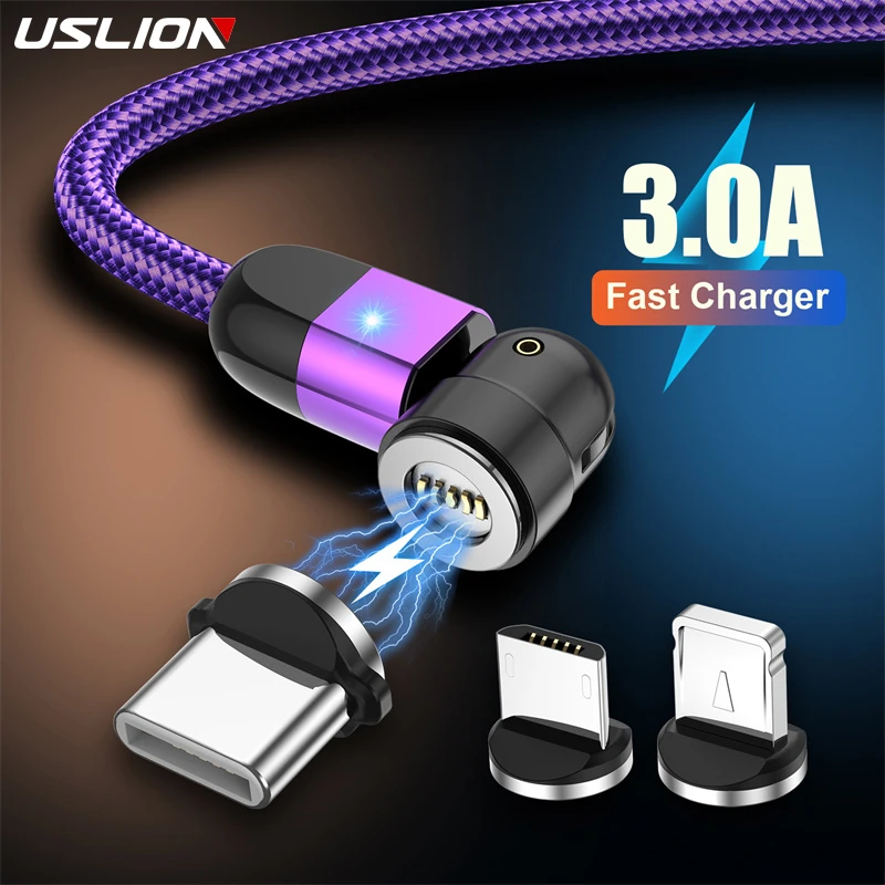 USLION Magnetic Cable Micro USB 540 Rotation Charging Type C 3A Fast Charging For iPhone 12 Pro Max 11 Plus XR Samsung Xiaomi
