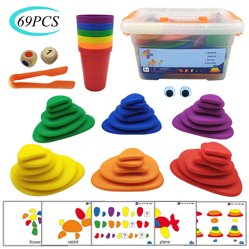 69PCS Montessori Rainbow Pebbles Jenga Educational Toys Plastic Pebbles Stacked Stones Stacking Game Montessori Toy For Children