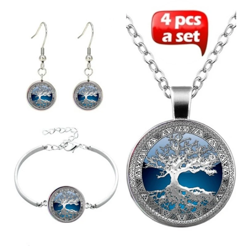 4 Pcs/Set Glass Cabochon Necklace Earrings Bangle Life Of Tree Art Picture Pendant Statement Chain For Women Jewelry