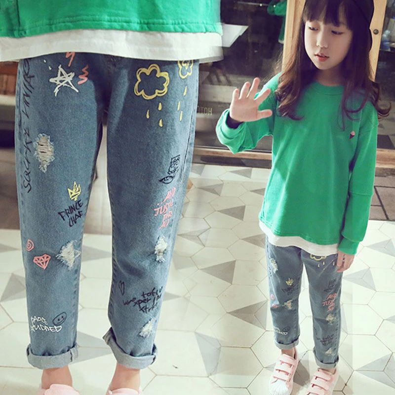Personality cloud graffiti printing hole casual children jeans,Children's Clothing For Girl Kids Pants Boutique Children Trouser
