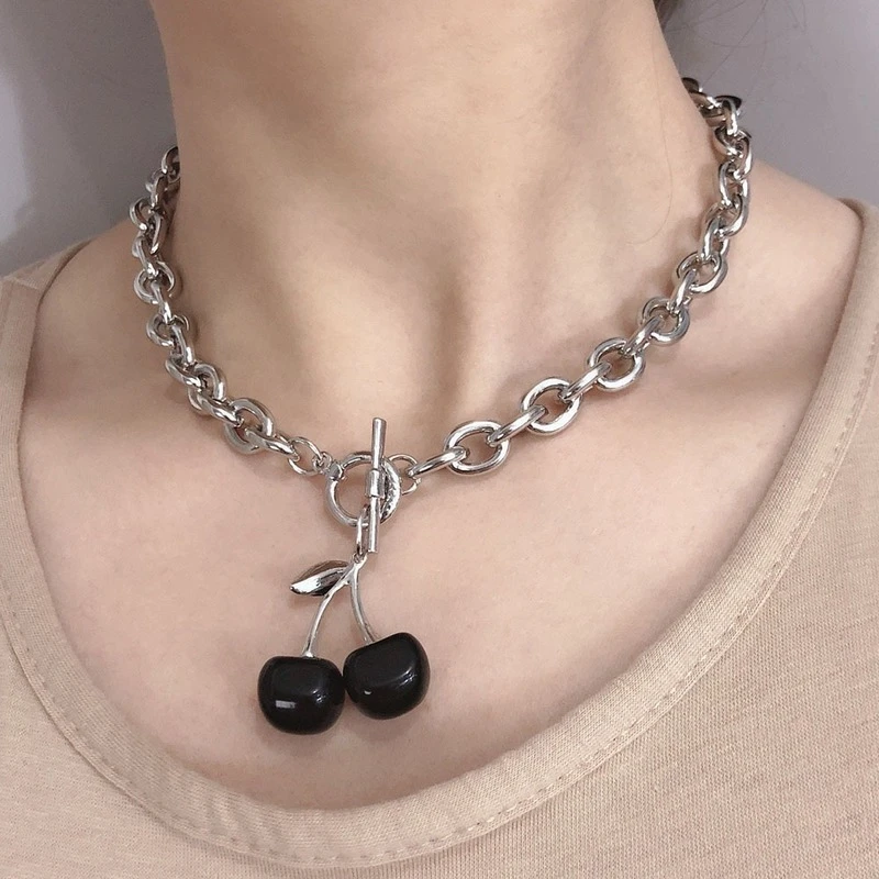 Punk Sweet Cherry Necklaces Gothic Silver Color Metal Choker for Women Girls Pendant Chain Party Jewelry Gifts