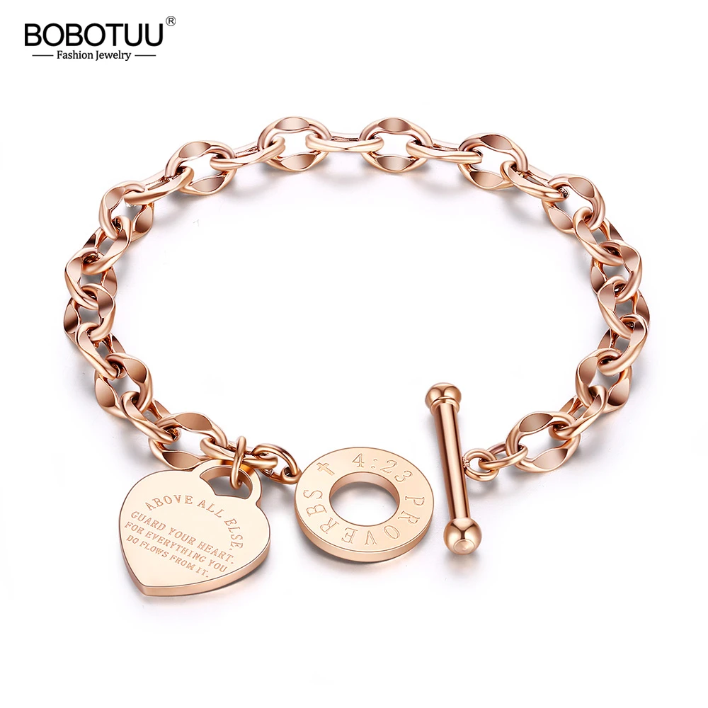 BOBOTUU Titanium Steel Chain & Link Female Bracelets Bangle Jewelry O-chain Love Bible Proverbs 4:23 Bracelet Pulsera BB19053