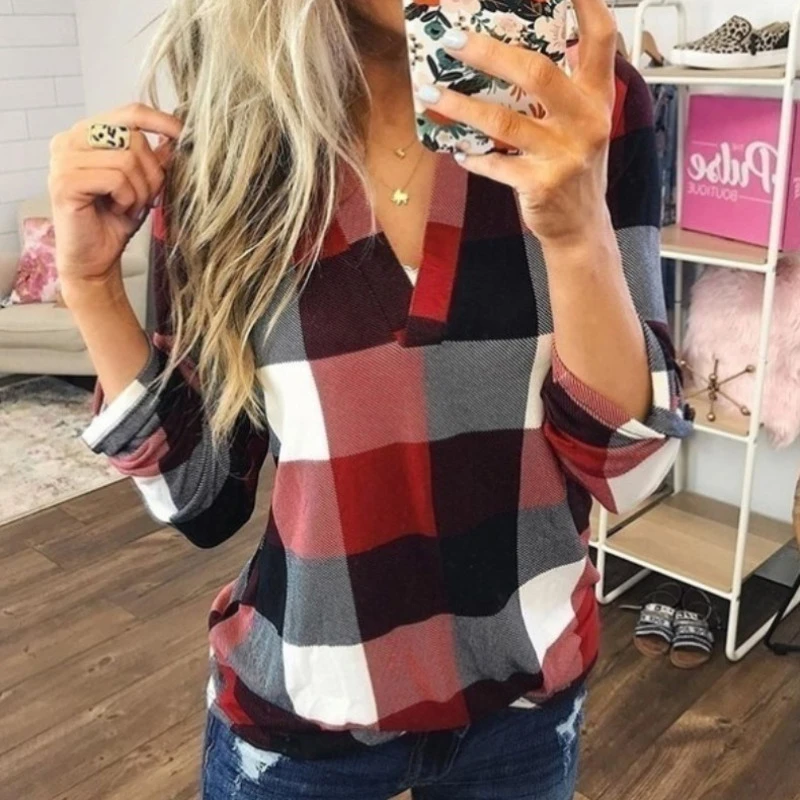 2020 Women Shirts Autumn Casual Plaid Shirt For Women Tops And Blouses Long Sleeve Red Ladies Plaid Shirts