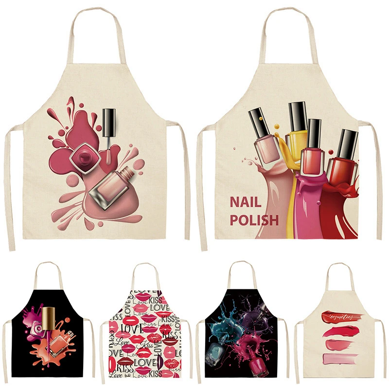Nail Polish Lipstick Kitchen 53*65cm Cotton Linen Aprons Bibs Household Cleaning Pinafore For Women Home Cooking Picnic 46328
