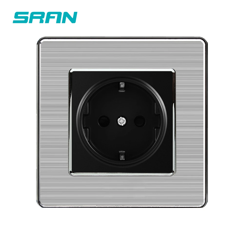 SRAN EU 16A power wall socket 86mm*86mm home decoration 304 stainless steel panel electric socket Black/white/gold