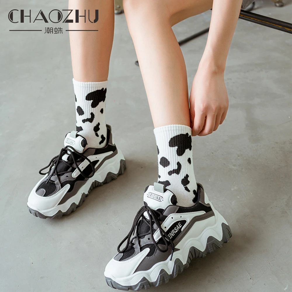 CHAOZHU Daily Socks Women Socks Black White Striped Cows Pattern Cartoon Kawaii Fashion Character Cotton Rib Stretch 4 Seasons
