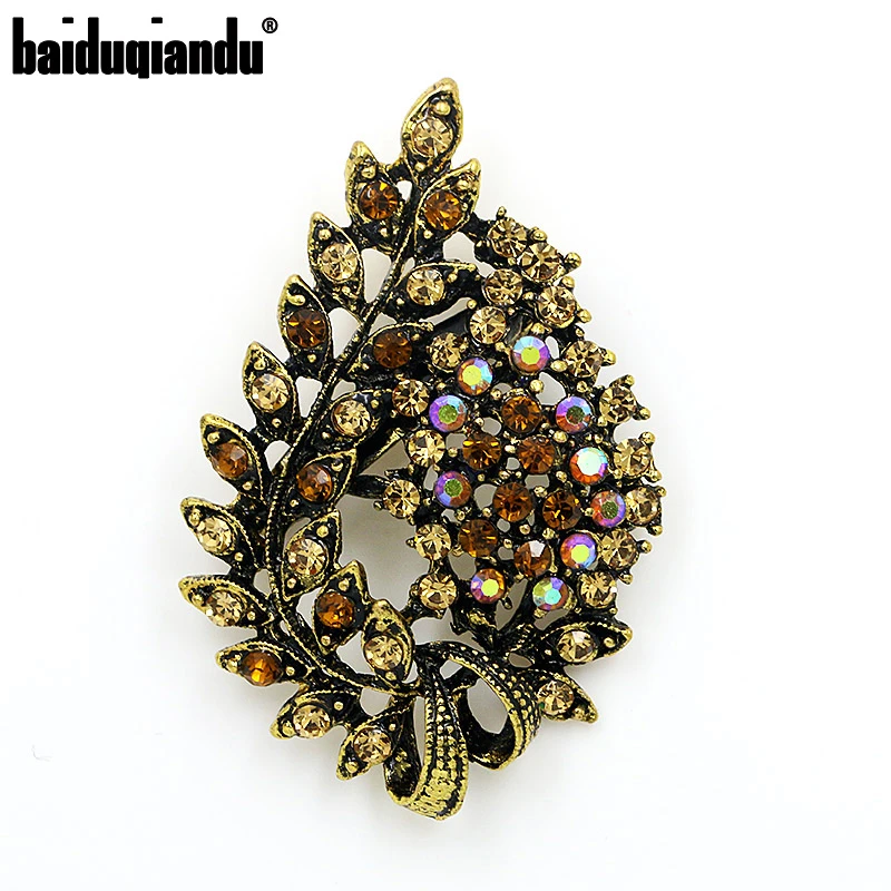 Baiduqiandu Brand Assorted Colors Crystal Rhinestones Leaf Vintage Antique Metal Decor Brooch Pins