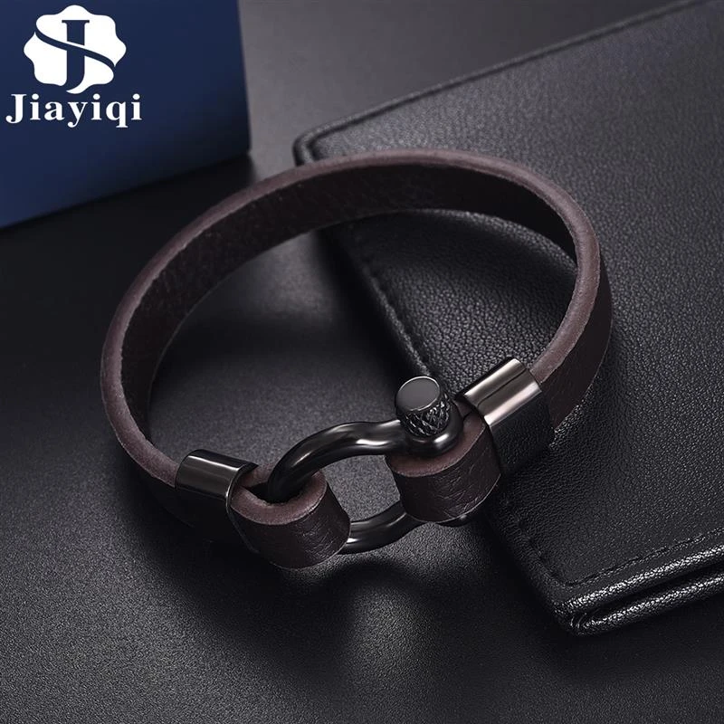 Jiayiqi Men Leather Bracelet Stainless Steel Horseshoe Buckle Casual Bangle 2020 New Fashion Bracelet & Bangle Male Jewelry Gift