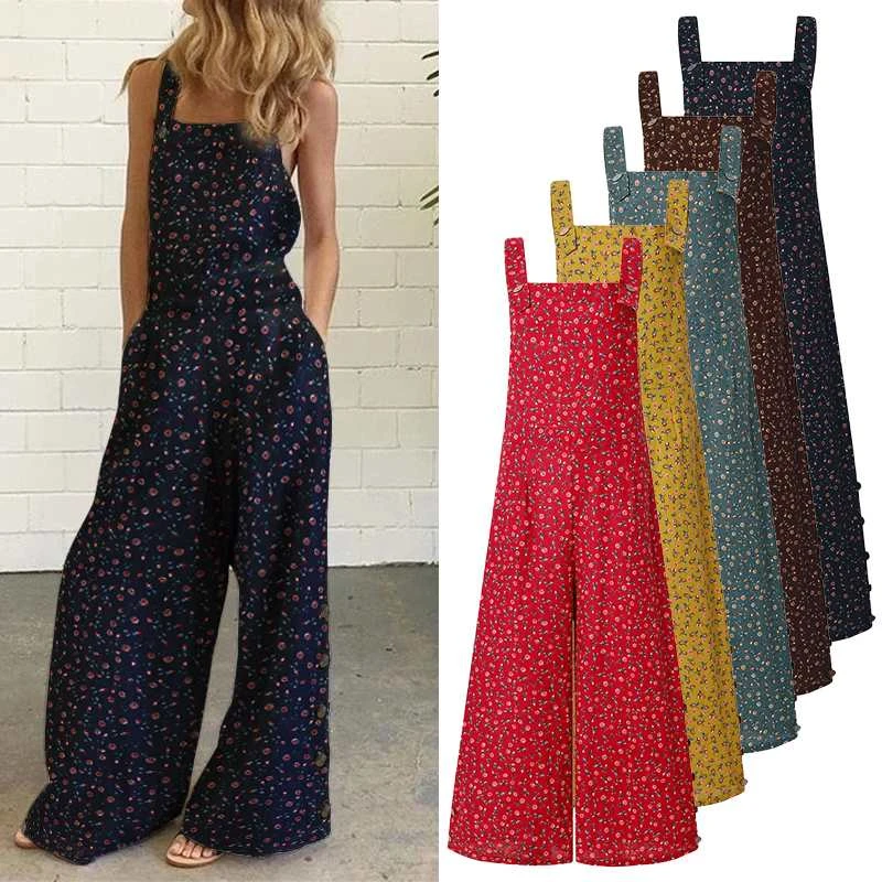Jumpsuits Women Overalls Floral Print Jumpsuit Female 2021 VONDA Wide Leg Pants Long Holiday Summer Overalls  Rompers
