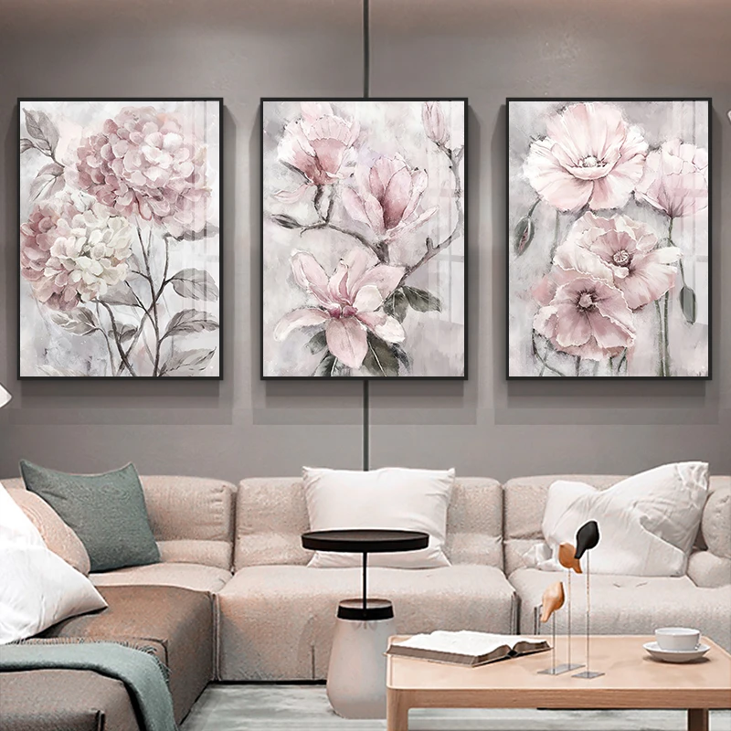Watercolor Pink Flowers Poster Wall Art Canvas Painting Modern Home Decor Nordic Print Wall Pictures for Living Room Decoration