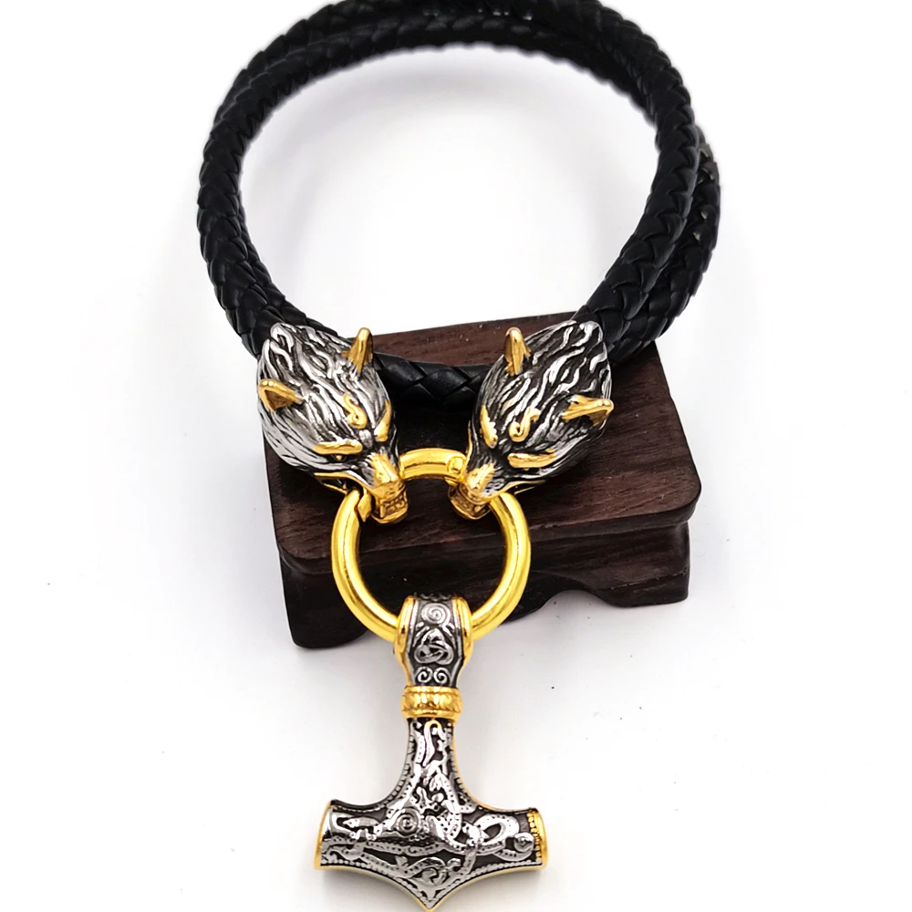 DROPSHIPPING Stainless Steel Viking Wolf Head Doubles Color Thor's Hammer PENDANT Leather Chain Men's Necklace JEWELRY