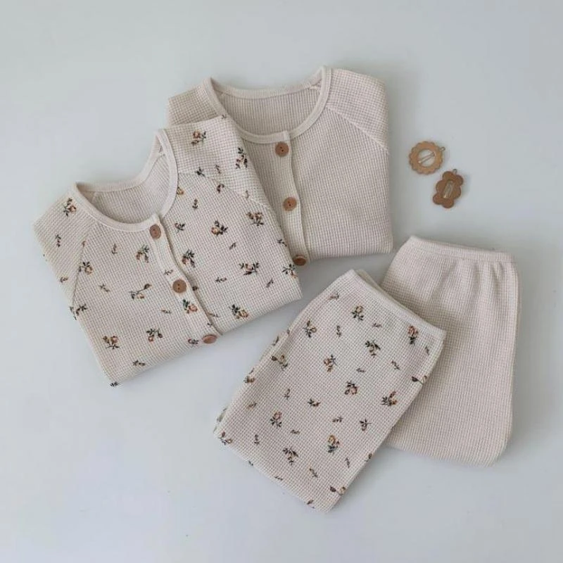 Cute Toddler Baby Clothes Sets 2pcs Fashion Girls Boys Long Sleeve Waffle Button Tops+leggings Pants Baby Set Outfits 0-24M