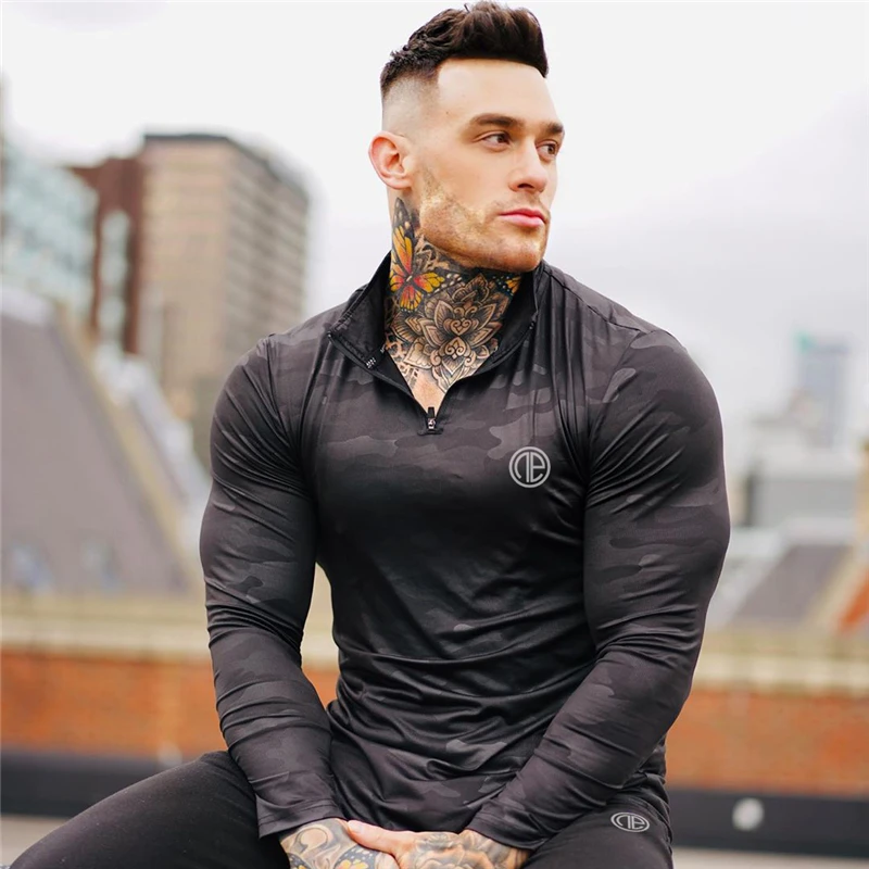 Mens Long Sleeve T Shirt Camouflage Fitness T-shirt Spring Slim Shirts Male Tops Leisure Bodybuilding Long Sleeve Quick-dry Tee